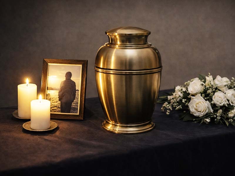 Cremation urn with memorial candles and photo during a cremation service in Brooklyn