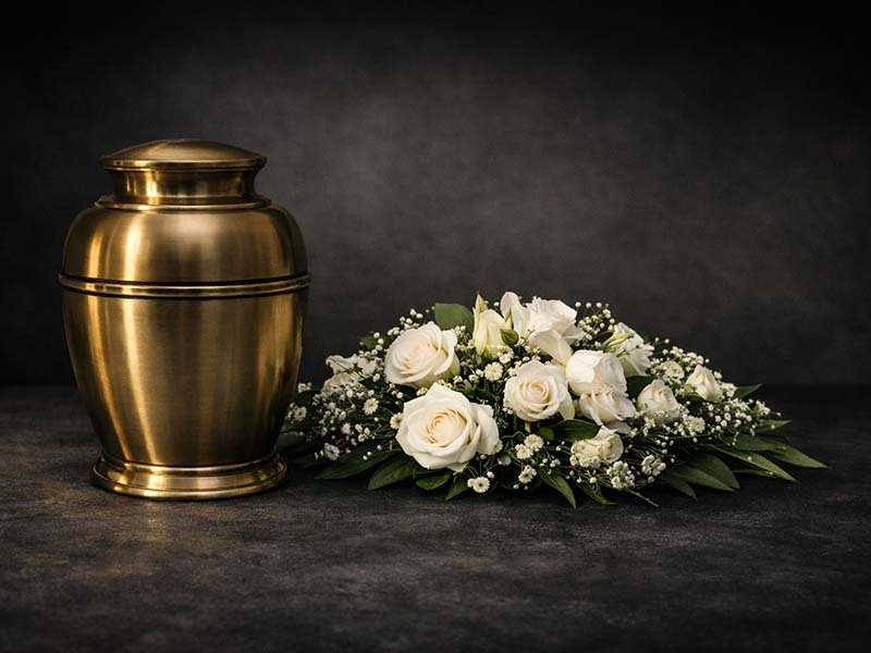 Cremation urn displayed with white memorial flowers during a cremation service