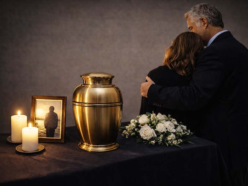Family paying respects at a cremation urn memorial service