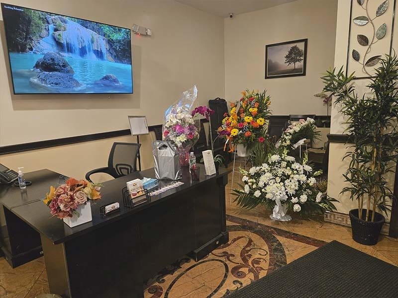 Reception area inside Harmony Funeral Home where families meet funeral directors in Brooklyn