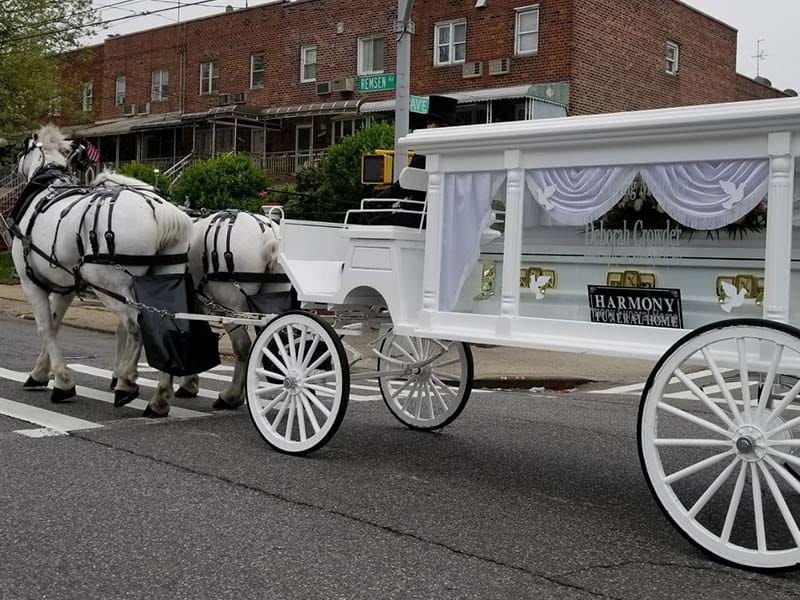 Traditional horse drawn funeral carriage used for a burial service in Brooklyn NY
