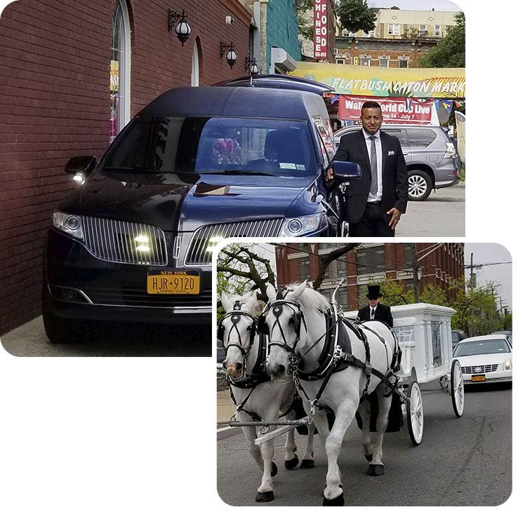 Funeral transportation services including hearse and horse-drawn carriage for families in Flatbush, Brooklyn.