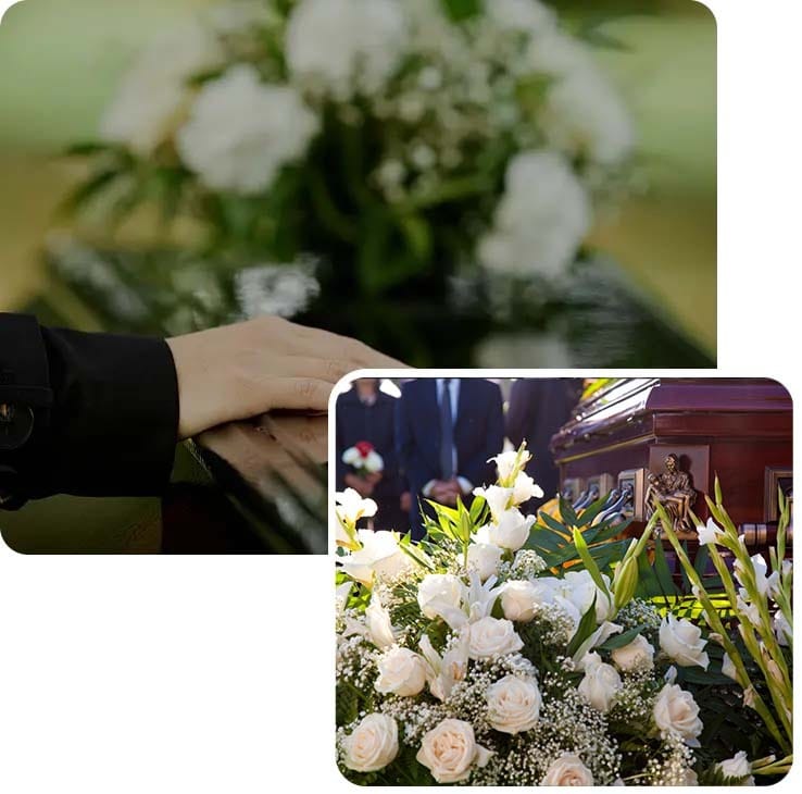 Funeral service with white floral arrangement and casket coordinated by Harmony Funeral Home serving East New York, Brooklyn.