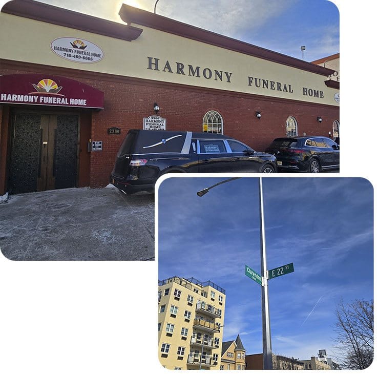 Exterior of Harmony Funeral Home in Brooklyn near Clarendon Road and East 22nd Street