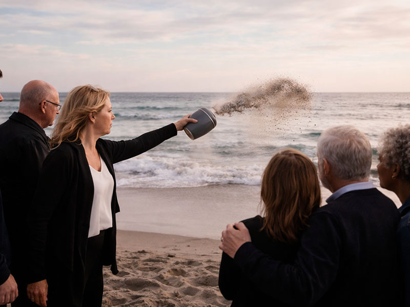 Family scattering cremated ashes into the ocean during a memorial ceremony arranged by Harmony Funeral Home