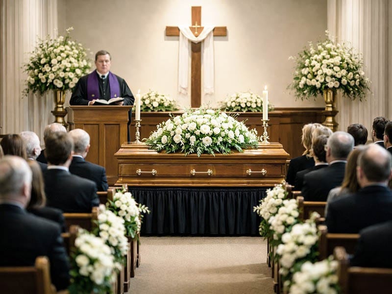 Christian funeral service ceremony arranged by Harmony Funeral Home