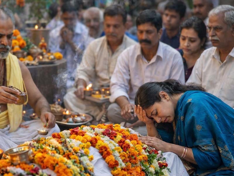 Hindu funeral ceremony with flowers and prayer rituals at Harmony Funeral Home in Brooklyn NY