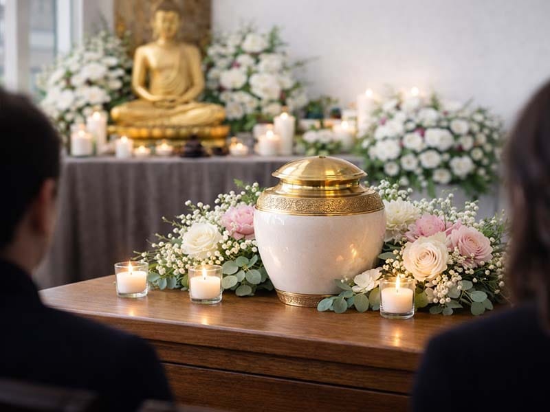 Family paying respects during a Buddhist funeral ceremony in Brooklyn