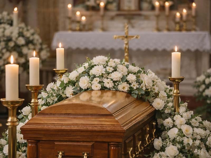Catholic funeral Mass with casket, crucifix, candles and white flowers arranged by Harmony Funeral Home in Brooklyn NY