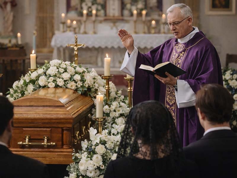 Traditional Catholic funeral Mass ceremony arranged by Harmony Funeral Home in Brooklyn NY with candles and religious symbols