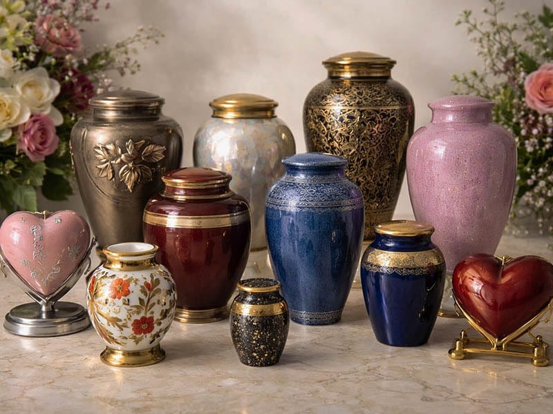Decorative cremation urns for ashes at Harmony Funeral Home in Brooklyn NY