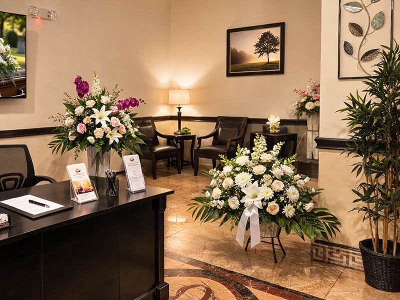 Funeral arrangement office with floral tributes at Harmony Funeral Home 2200 Clarendon Rd Brooklyn NY 11226