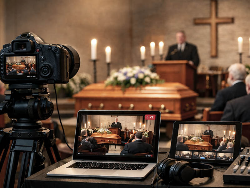 Professional funeral livestreaming and video recording setup at Harmony Funeral Home allowing remote viewing of memorial services