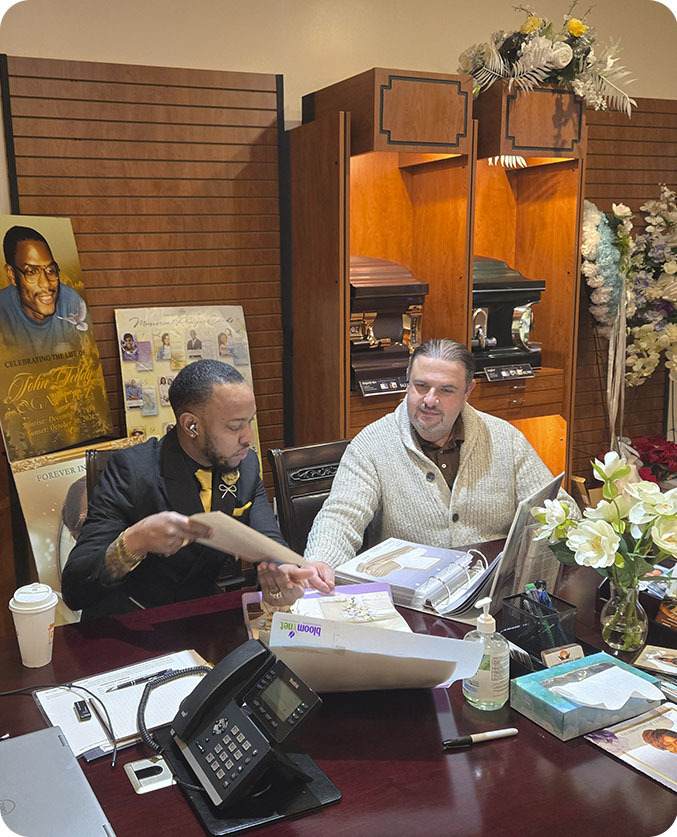 Funeral director assisting with funeral planning for a Prospect Lefferts Gardens family in Brooklyn