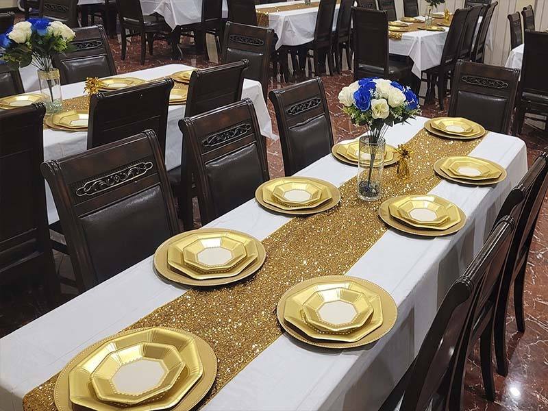 Funeral repass dining table setup at Harmony Funeral Home reception space in Brooklyn NY