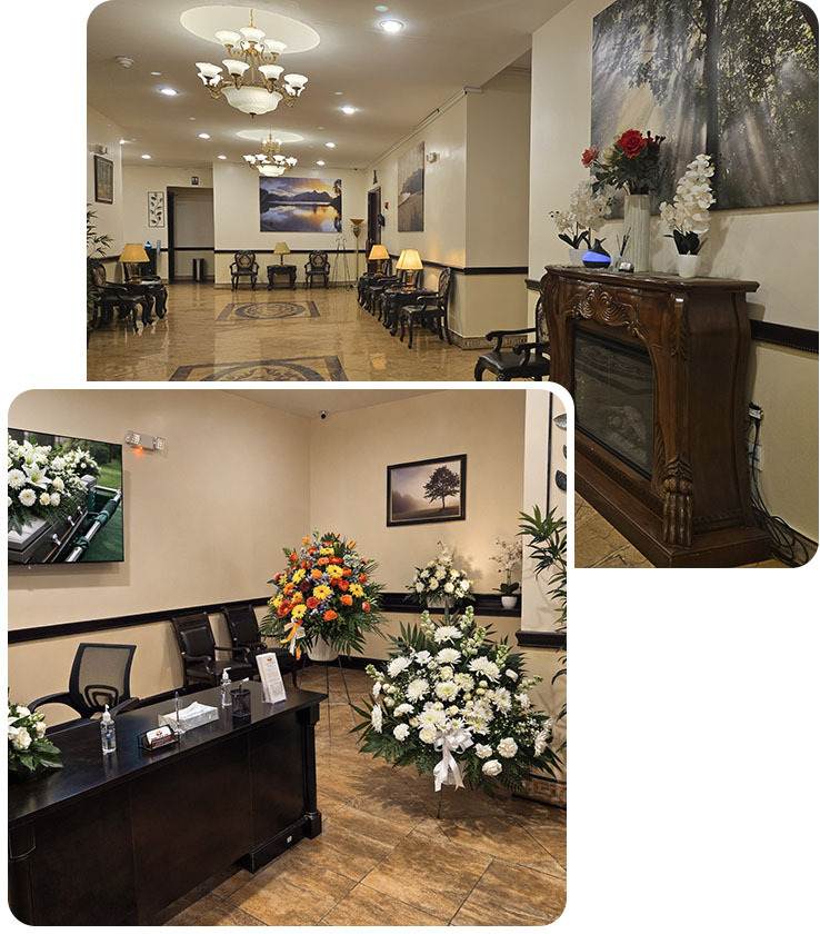 Funeral service room inside Harmony Funeral Home facility in Brooklyn
