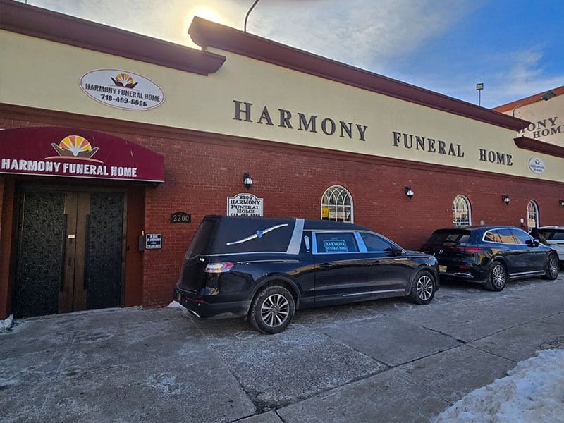 Exterior of Harmony Funeral Home in Brooklyn providing cremation and ash scattering services