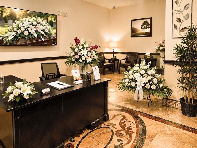 Interior of Harmony Funeral Home at 2200 Clarendon Rd Brooklyn NY where families receive paperwork assistance