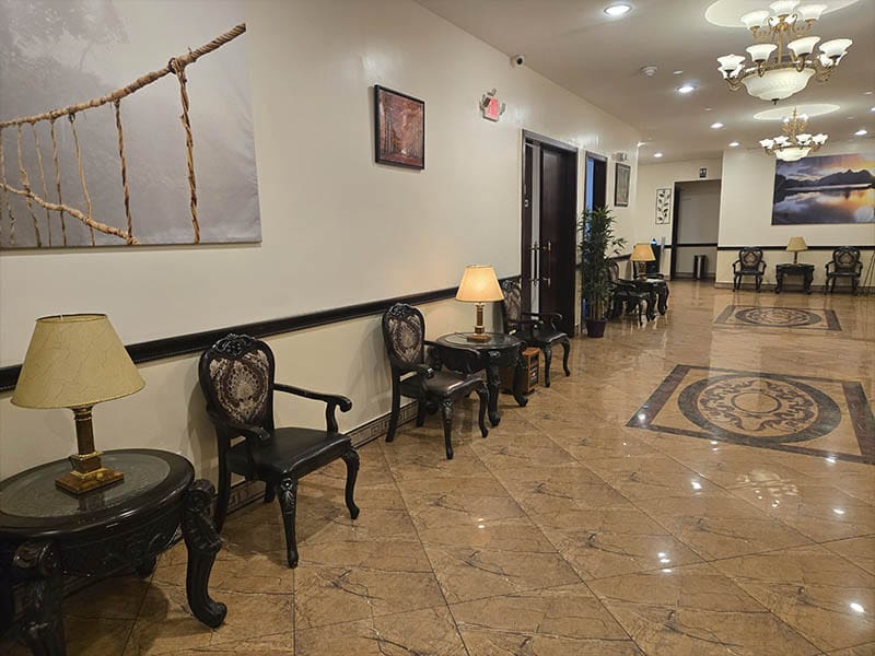 Interior lobby and seating area at Harmony Funeral Home located at 2200 Clarendon Rd Brooklyn NY 11226
