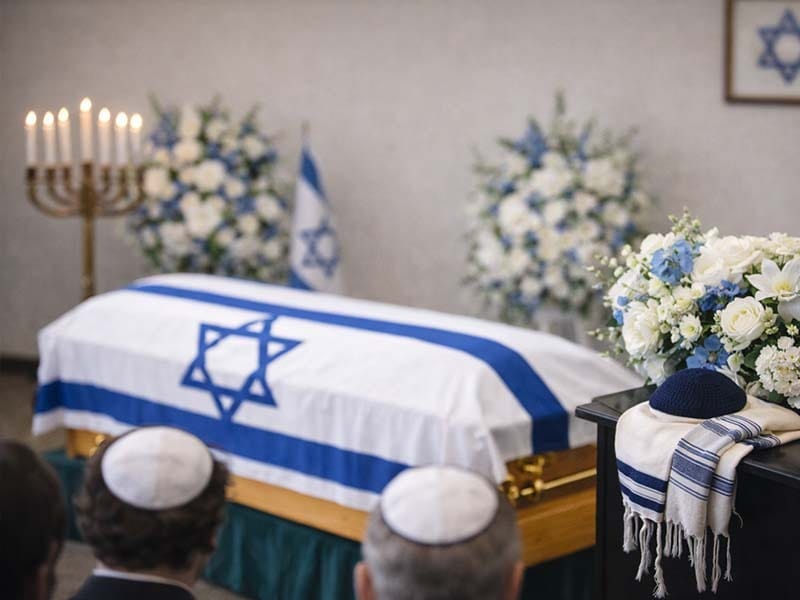 Traditional Jewish funeral ceremony with Star of David casket cover and mourners paying respects in Brooklyn