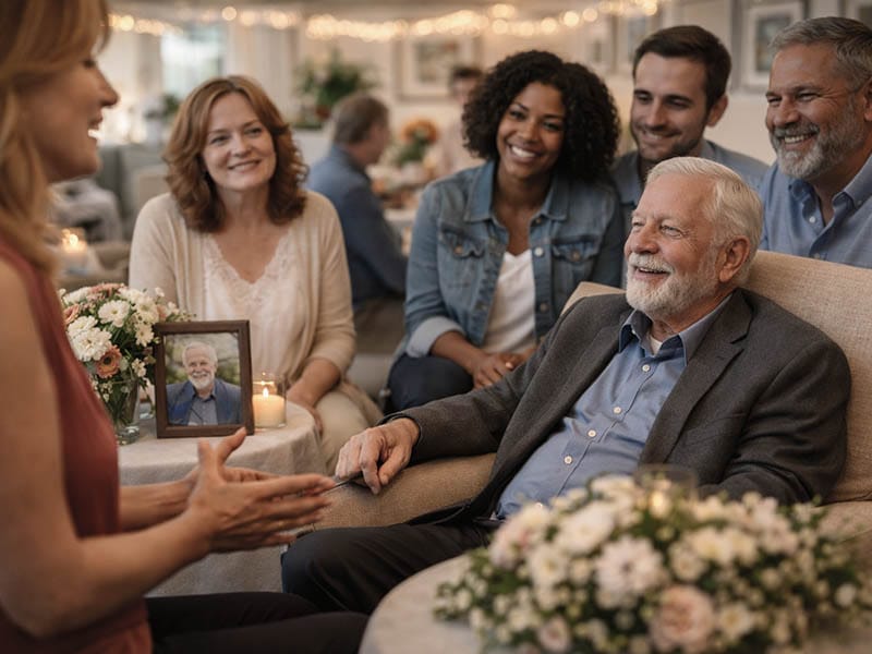 Family and friends sharing memories during a celebration of life gathering arranged by Harmony Funeral Home in Brooklyn NY