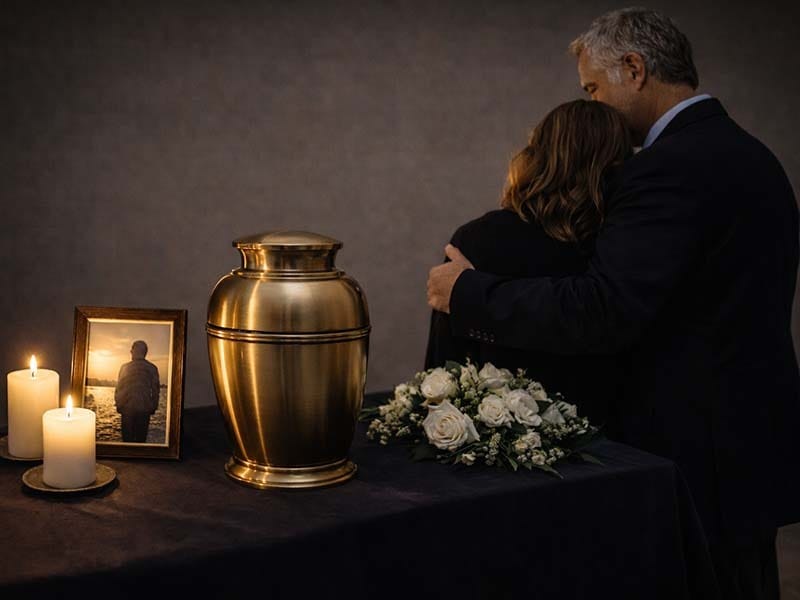 Private memorial gathering with cremation urn following direct cremation services